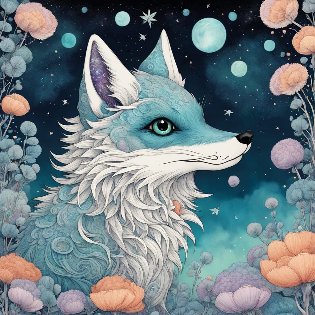 Whimsical Fox Takes Flight in Celestial Landscape