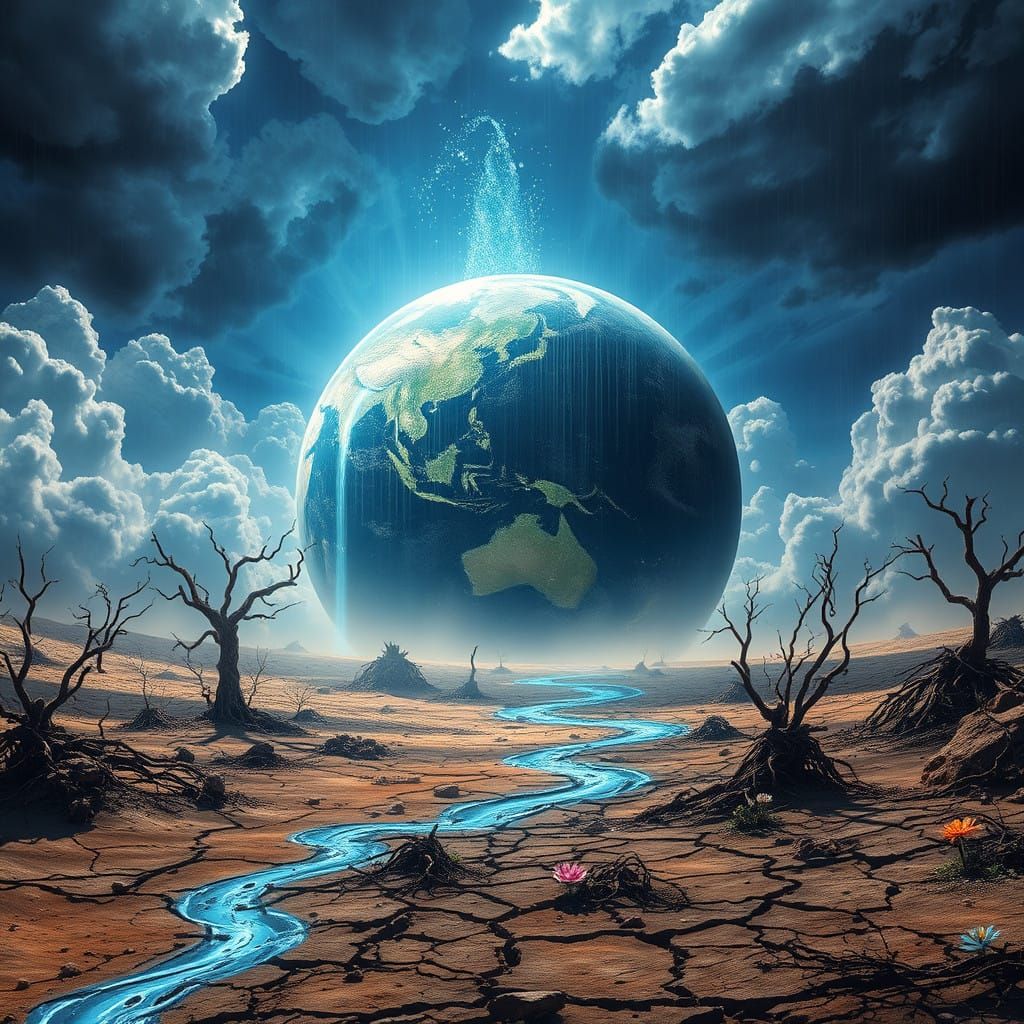 Surreal Earth Rebirth Amidst Desolation in Vibrant, Iridesce...