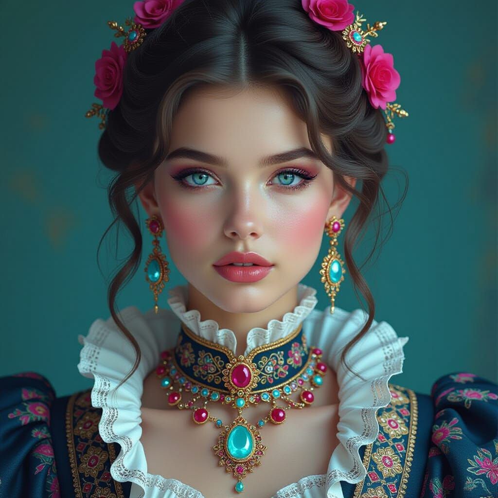 Baroque Woman with Neon Jewelry Digital Portrait