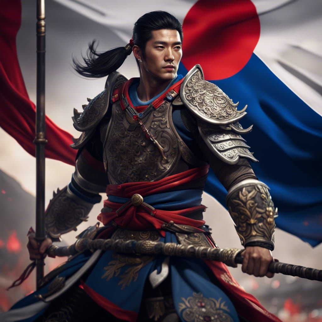 Korean Warrior with Flag in Detailed Matte Painting