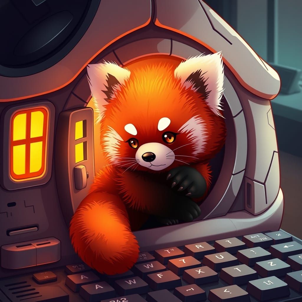 Vibrant Red Panda Lives in a Cozy Computer Mouse Home