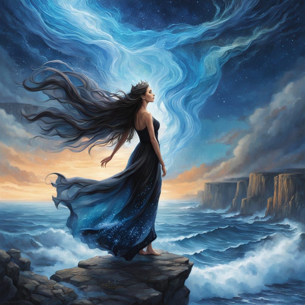 Mysterious Woman on Cliffside with Glowing Water Crown