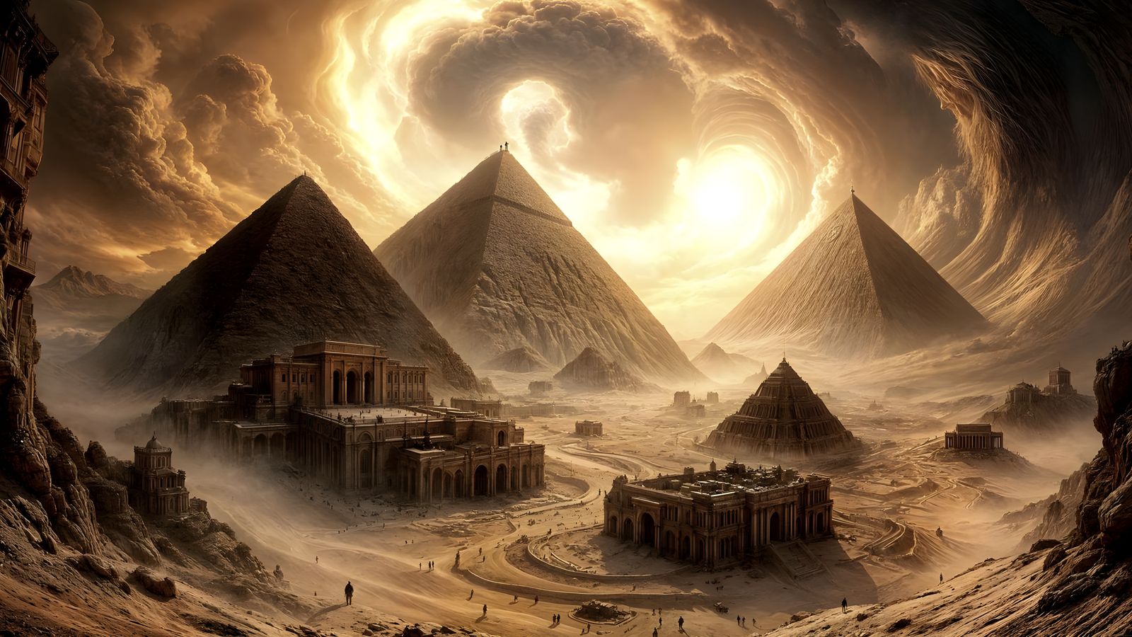 Egyptian Desert Mirage with Pyramids in Fisheye Lens Style