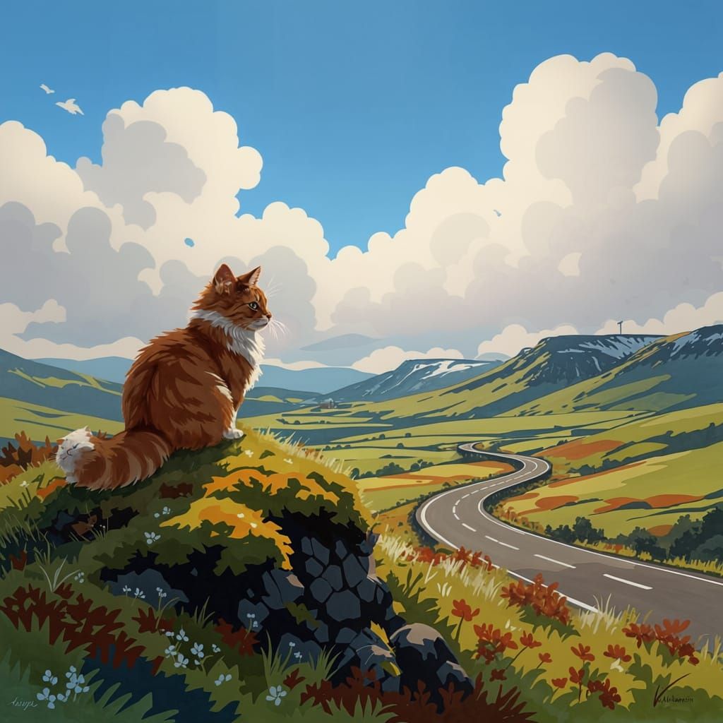 Watercolor Cat on Iceland's Route 93