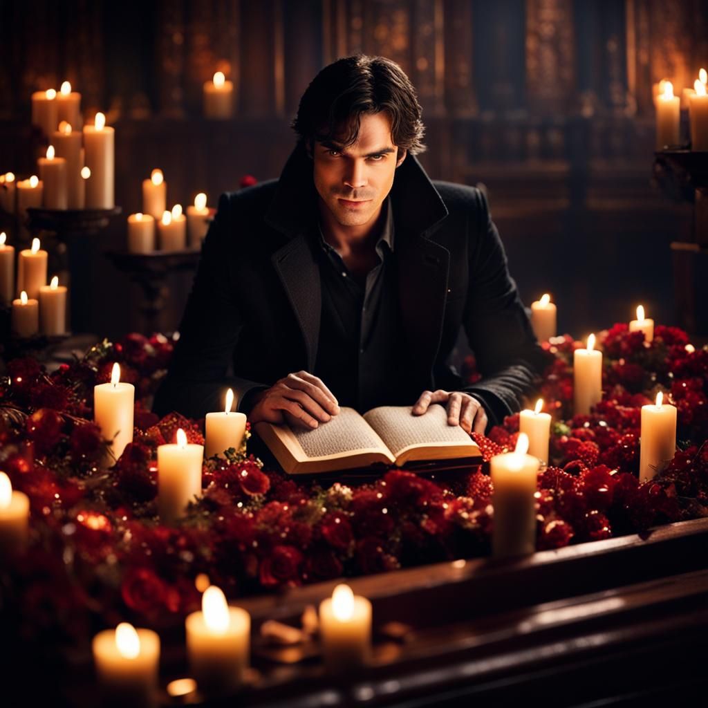 Vampire Damon Salvatore Reading in Coffin