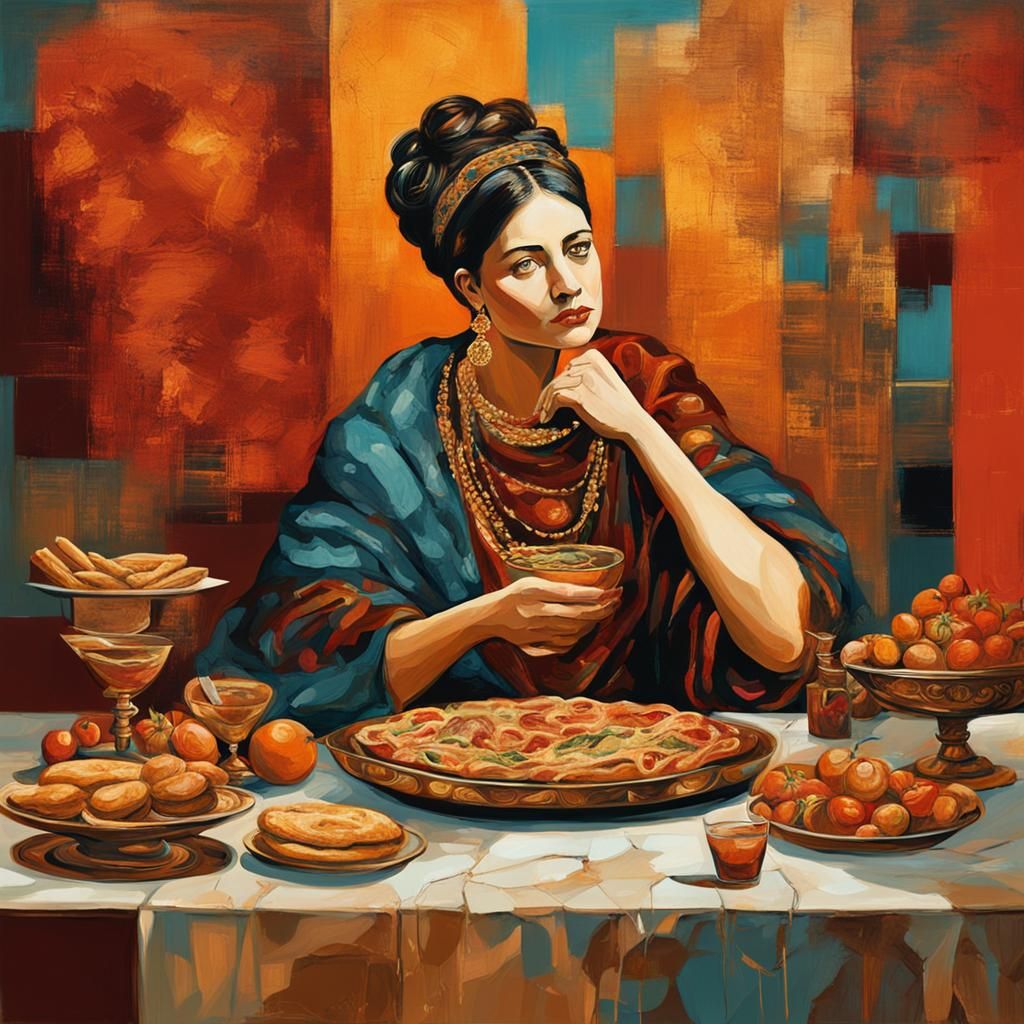 Serene Roman Woman at Decadent Food Banquet