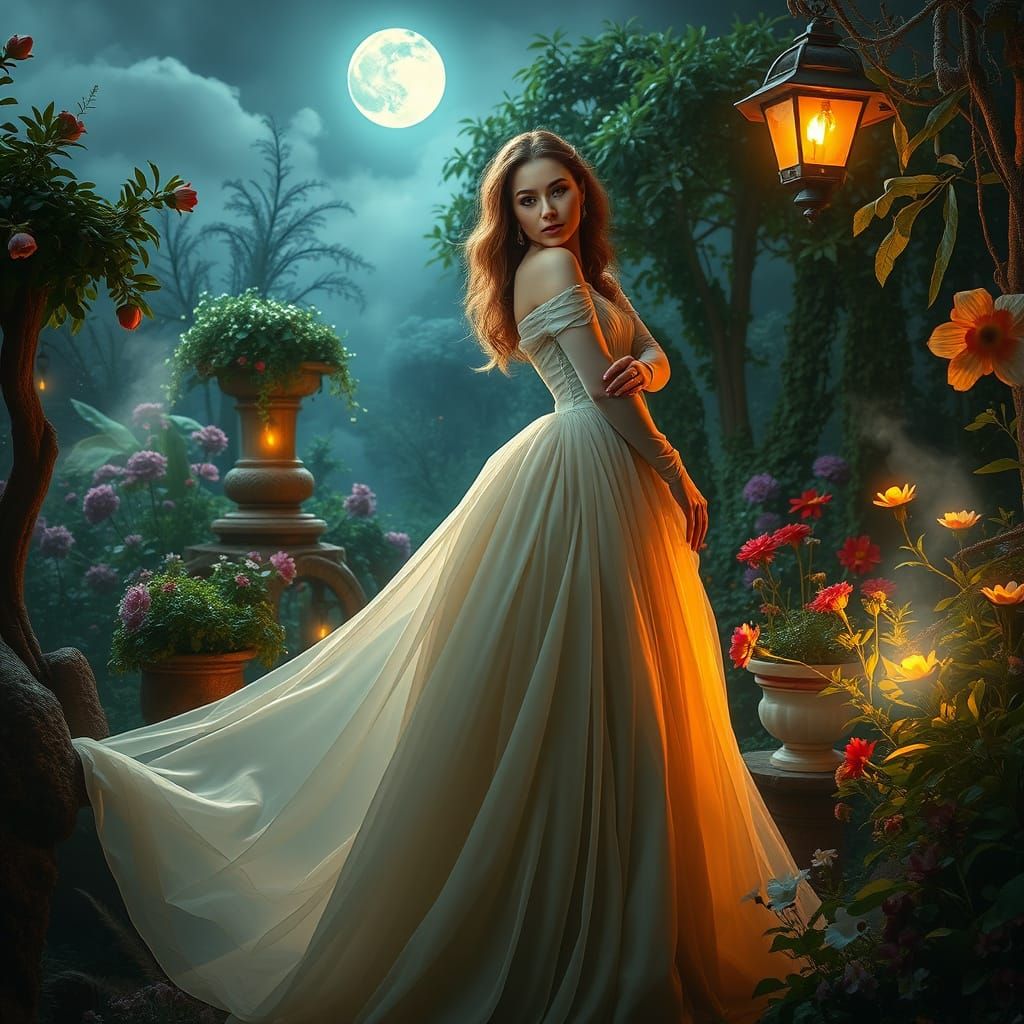 Ethereal Woman in Whimsical Garden, in Dreamlike Style