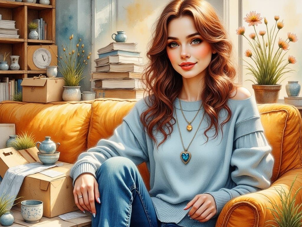 Elegant Young Woman in a Vibrant Colored Ink Drawing