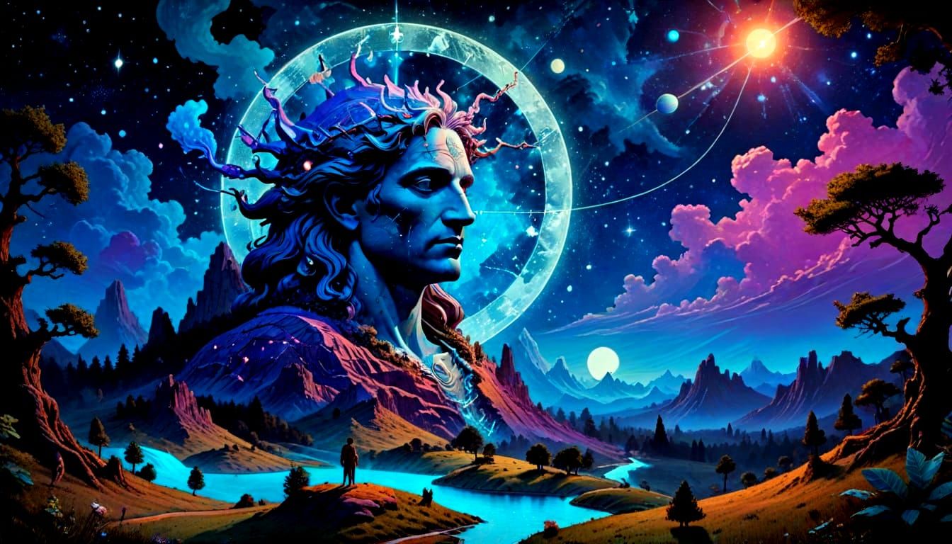 Cosmic Prophet Celestial Map in Vaporwave Style