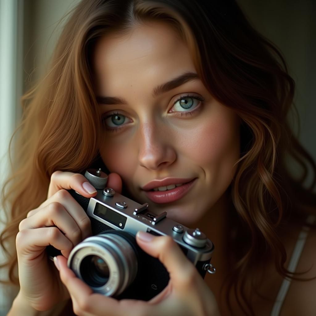 Model with Vintage Camera, Photo-Realistic Portrait