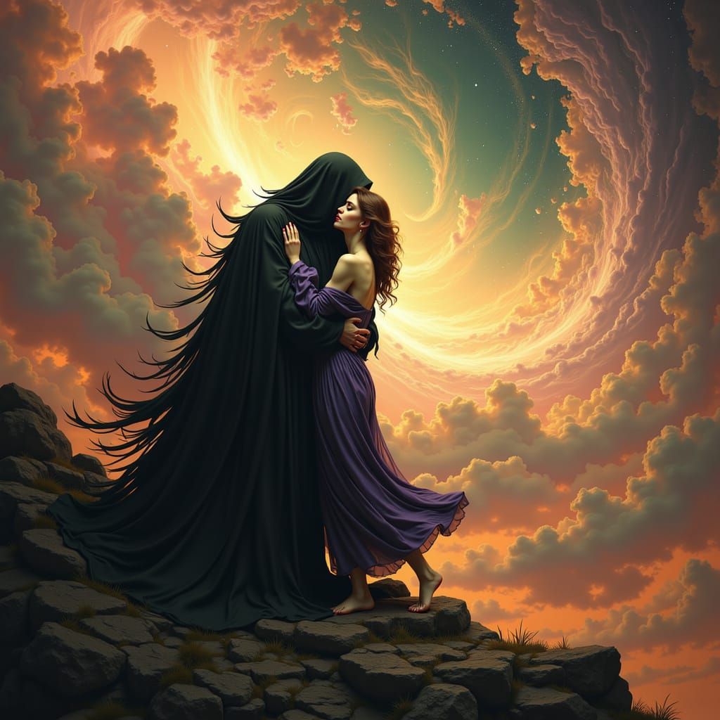 Personified Death Embraces Bewildered People in Gothic Fanta...