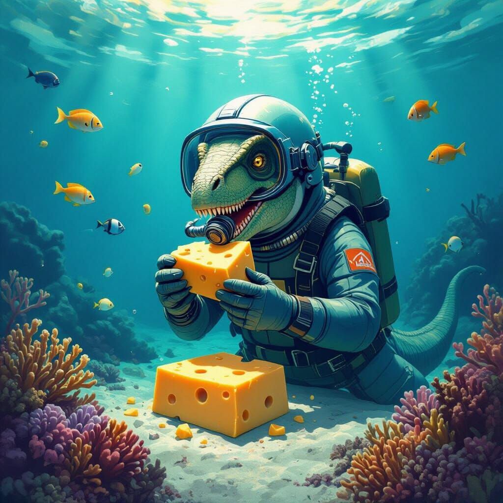 Dinosaur Diver Eats Cheese Underwater: Whimsical Art