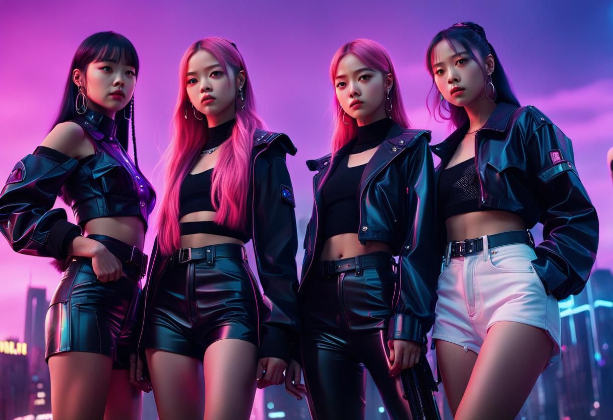 Blackpink in Futuristic Neon City: Digital Matte Painting