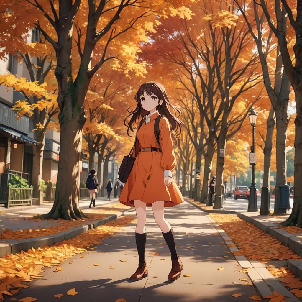 Girl in Orange Dress on Autumn Street in Anime Style