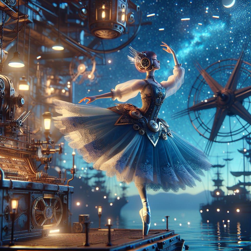 Steampunk Ballerina Dancing Under Starlit Sky in 3D