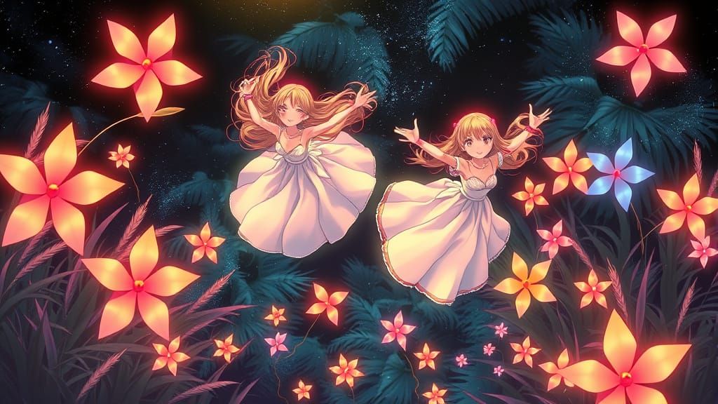 Anime-Style Girls Flying Among Neon Pinwheels