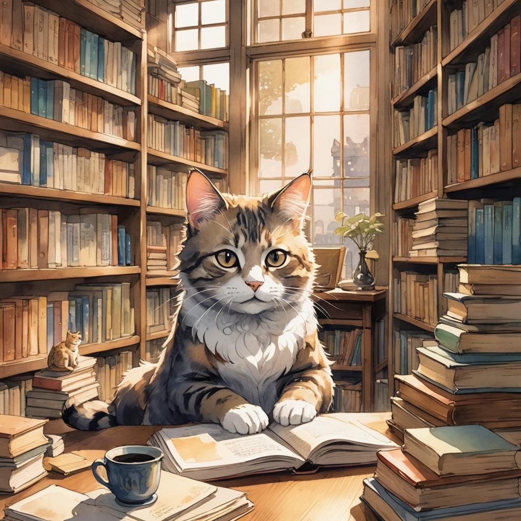 Cat Reading in Library: Manga-Style Illustration
