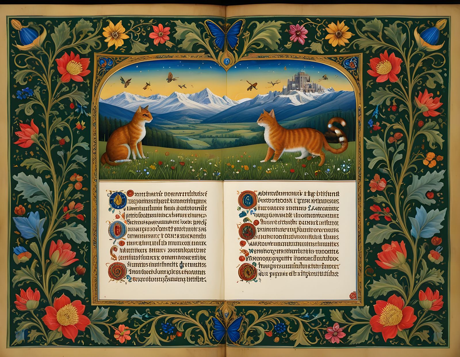 Illuminated Manuscript Page with Two Cats