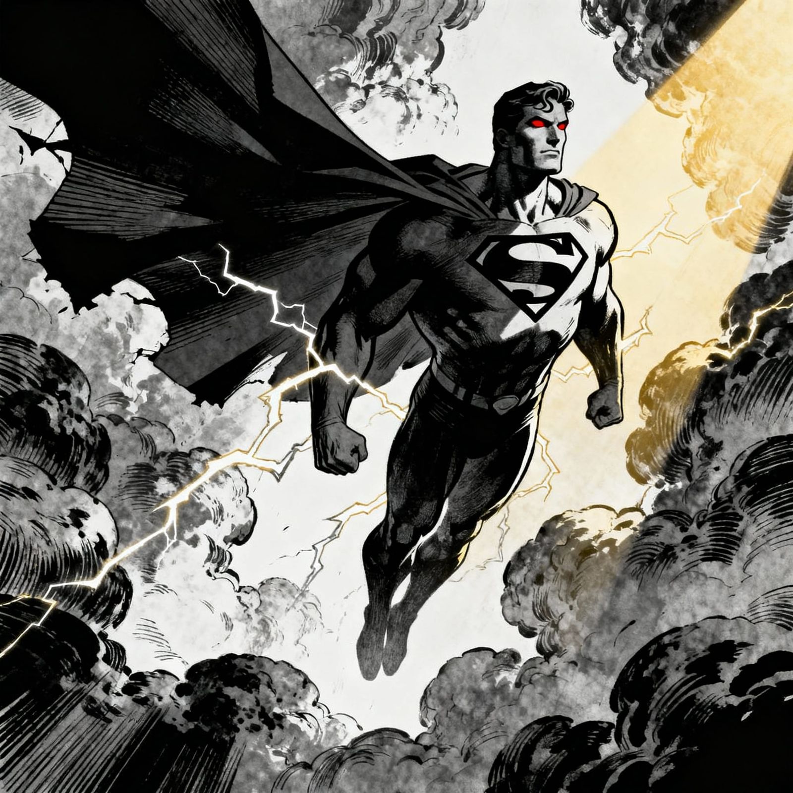 Superman Above Clouds in Gritty Frank Miller Style