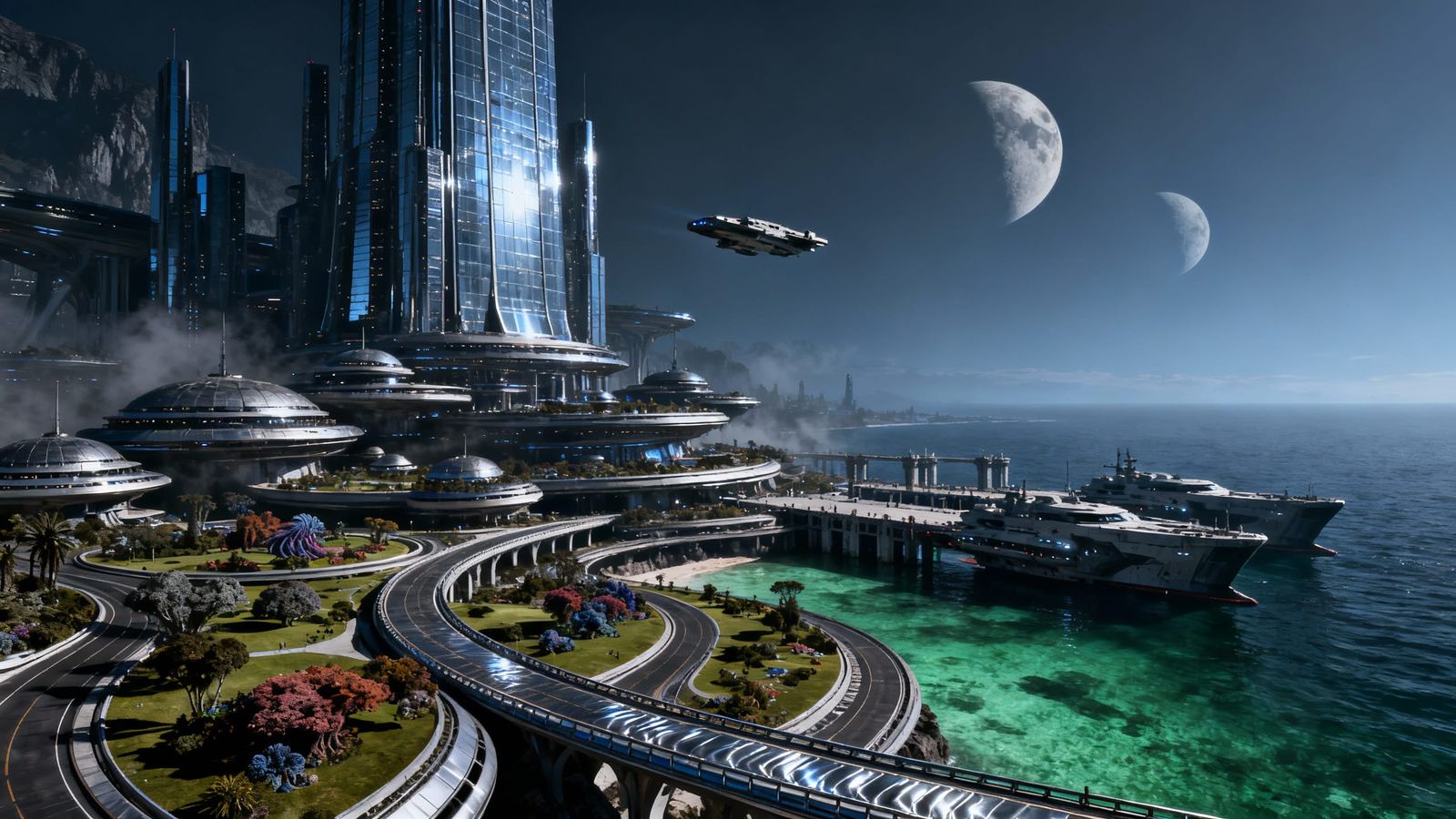 Massive Alien City on Ocean Edge with Futuristic Ships