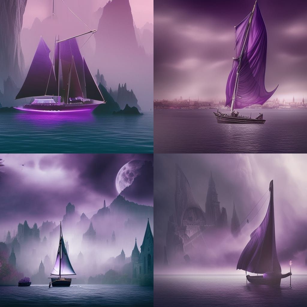 Beautiful purple yacht with gothic vibes& luxurious vibes& ethereal vibes& magical vibes