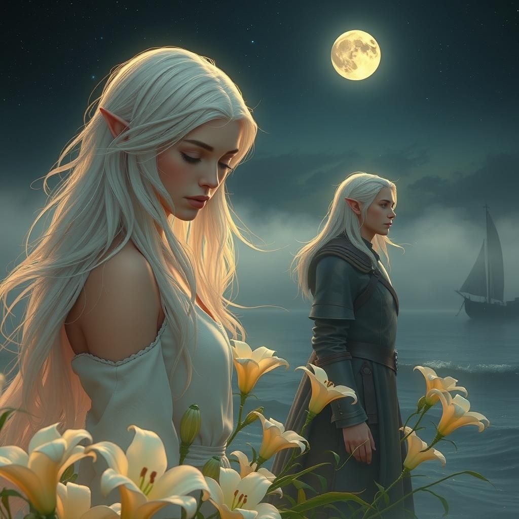 Moonlit Shore: Woman, Elf, and Distant Sailboat