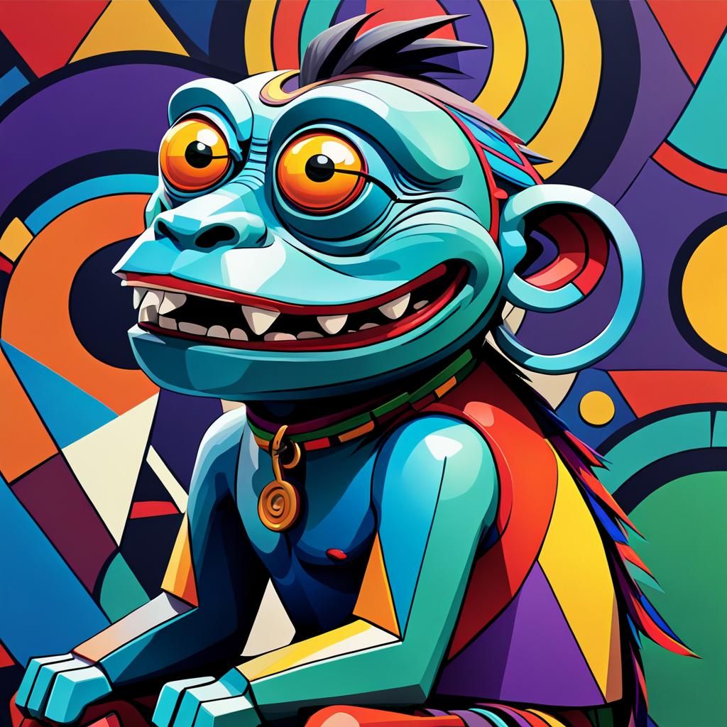 Digital art, googly-eyed Cartoon disney little Tibet gelong, Smiling, Sits, Side view, Gorillaz style, Vasya Lozhkin's ...