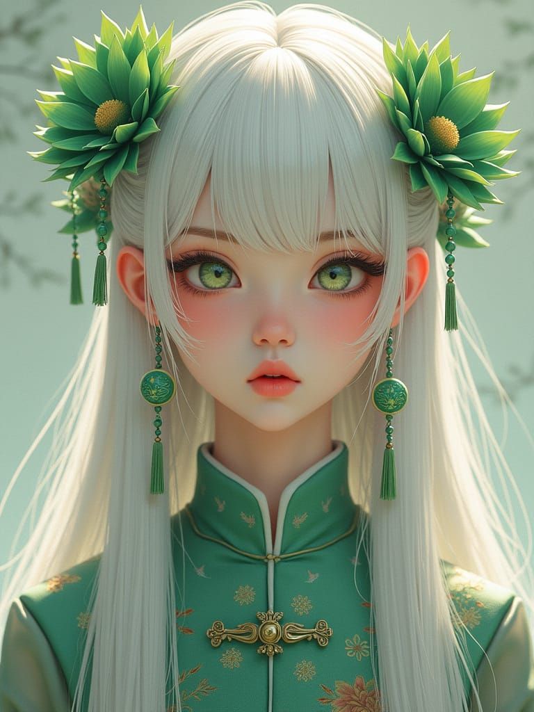 Young Woman in Traditional Chinese Qipao with White Hair