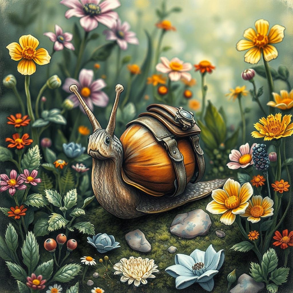 Snail Explorer in Miniature World: Charcoal Drawing