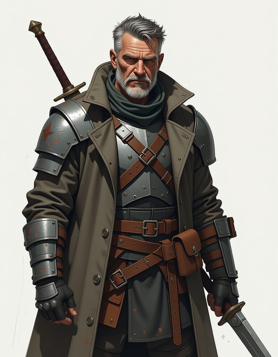 Grizzled Warrior in Syd Mead Style Scavenger Armor