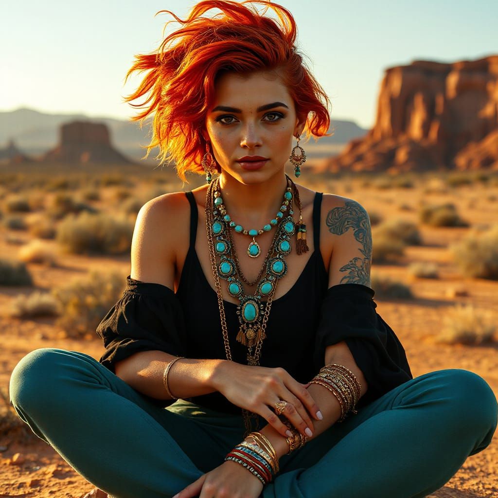 Desert Goddess with Fiery Red Hair and Turquoise Jewelry