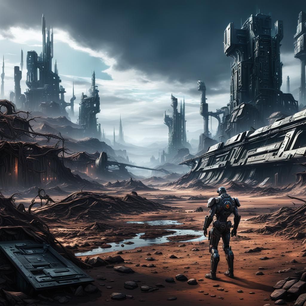 Noir Cyborg in Cybernetic Wasteland: Detailed Matte Painting