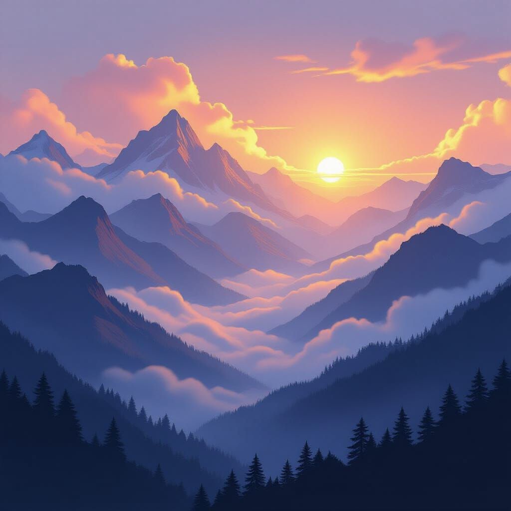 Mountain Peaks in Mist: A Landscape Painting