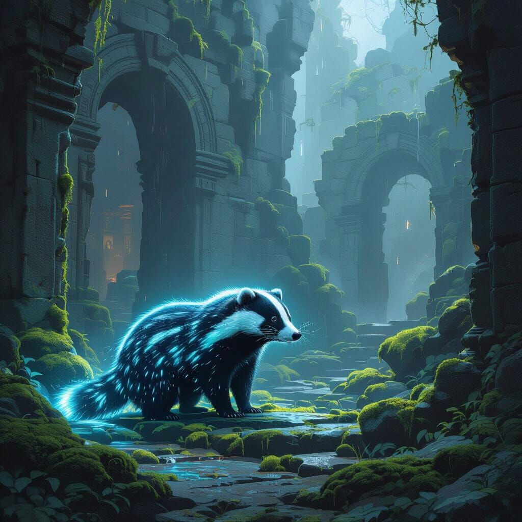 Bioluminescent Badger Explores Ancient Temple Ruins