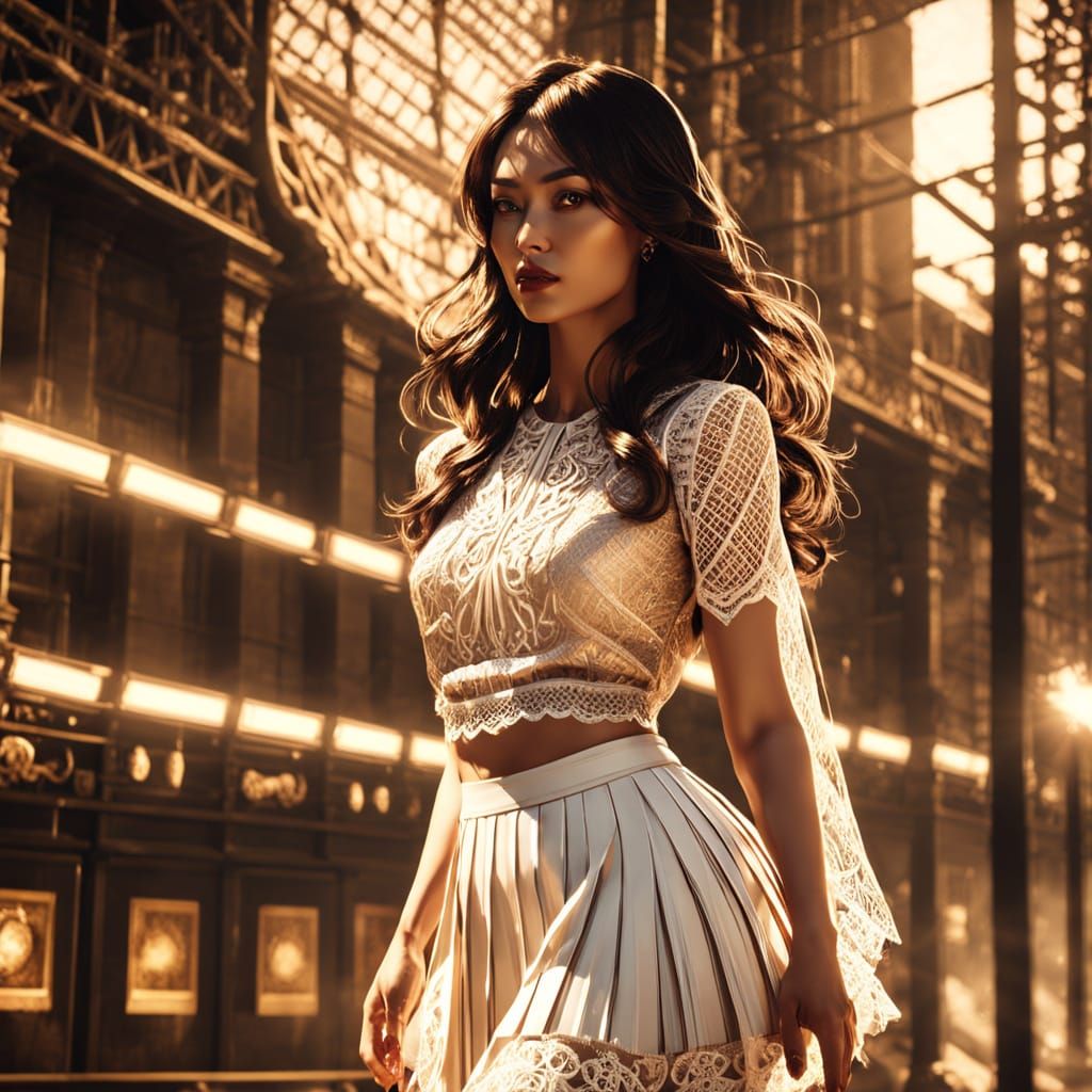 Woman in Pleated Miniskirt in Atompunk Style