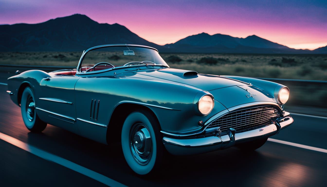 Retro Sports Car Speeds Down Neon Highway