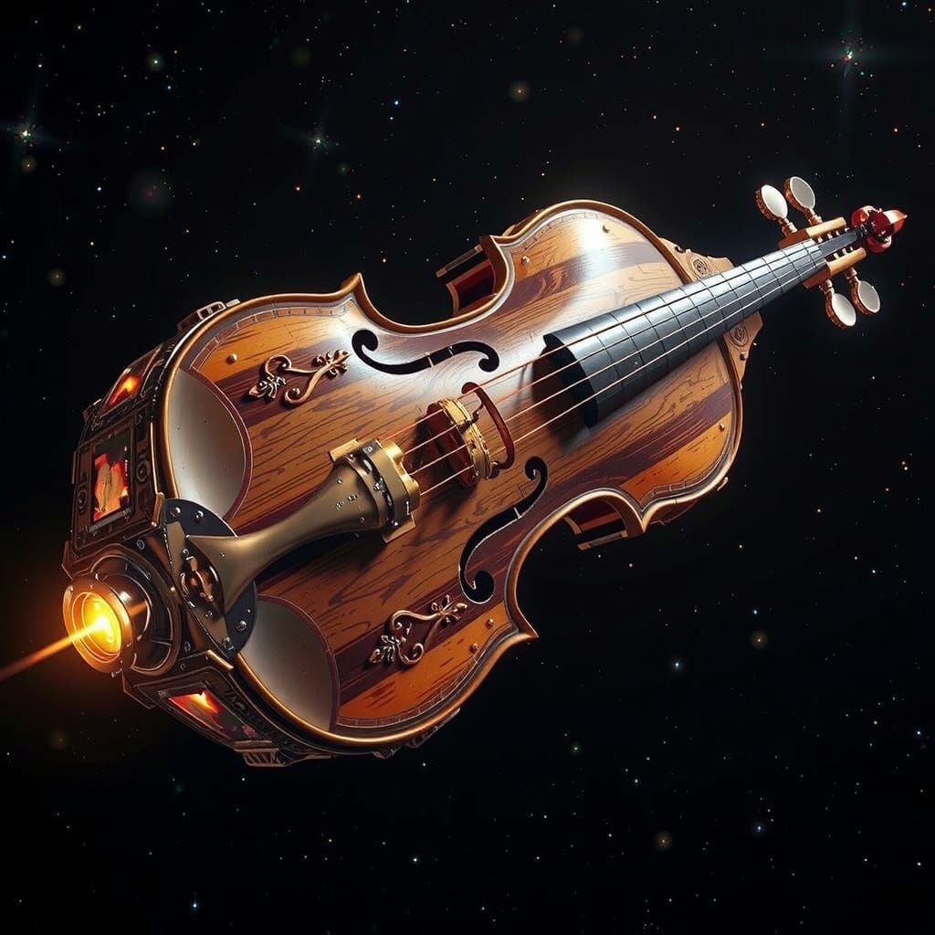 Steampunk Violin Spaceship in Deep Space