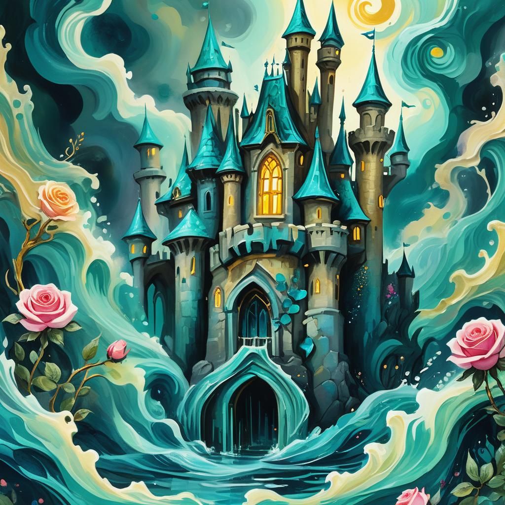 Teal Rose Castle Defended by Monster in Gouache Style