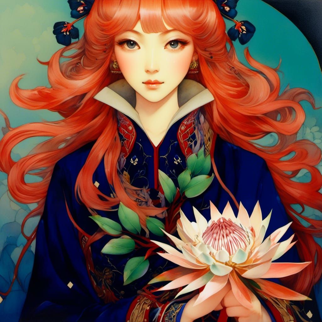 Woman with Protea Flower Watercolor Painting