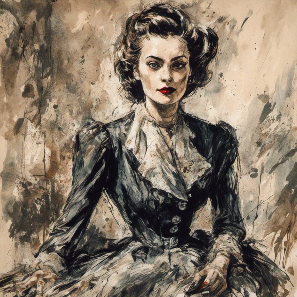 1940s Woman Fashion Illustration in Gouache Style