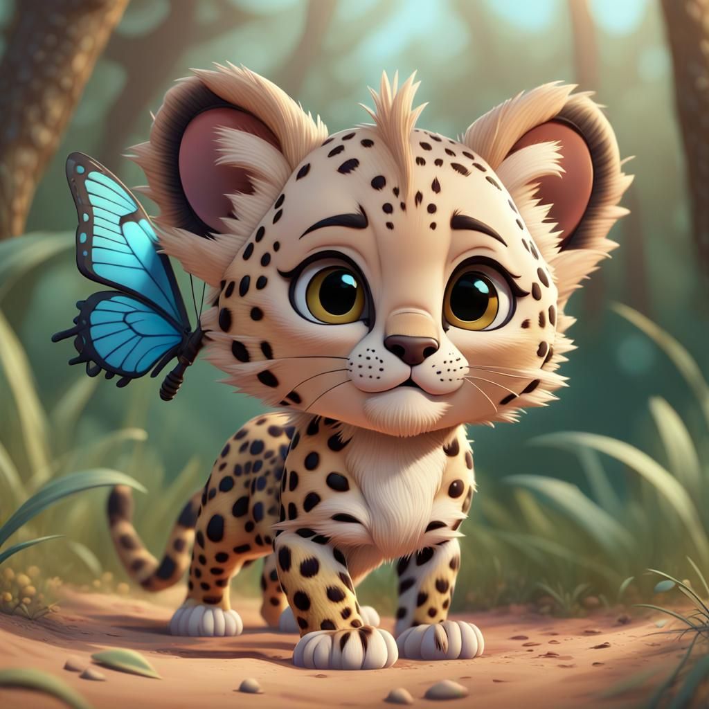Cute Chibi Leopard Cub Catches Butterfly: 3D Digital Art