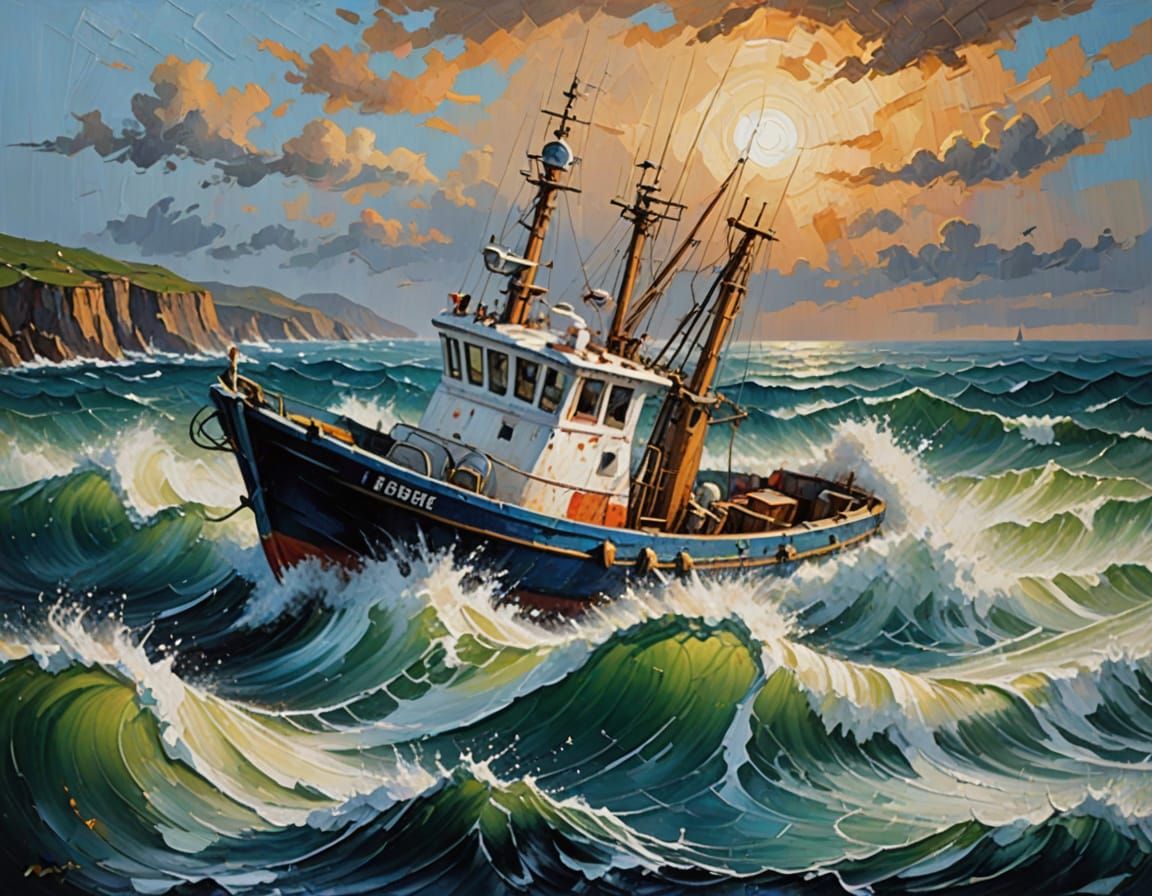 Vibrant Impasto Oil Painting of a Fishing Boat in a Stormy S...