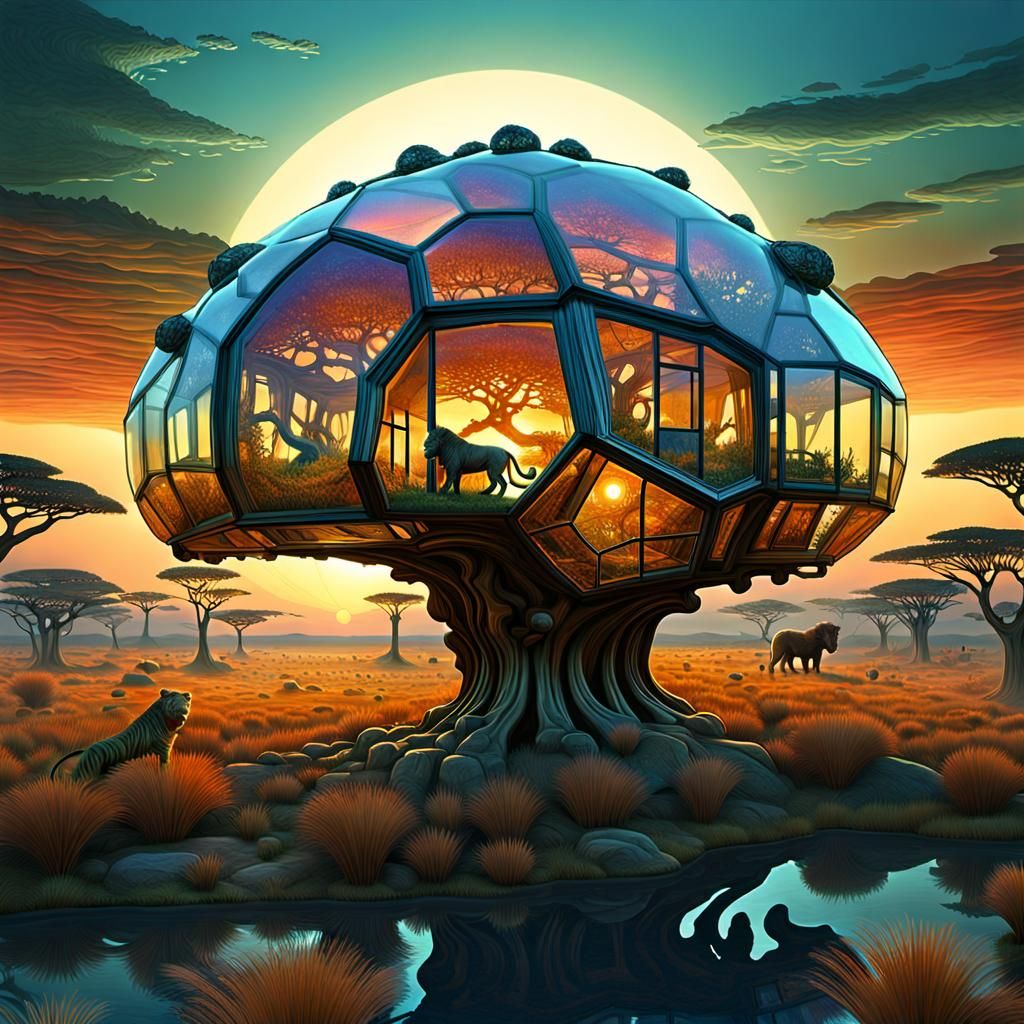 Glass House on Serengeti with Lions: Surreal Digital Art