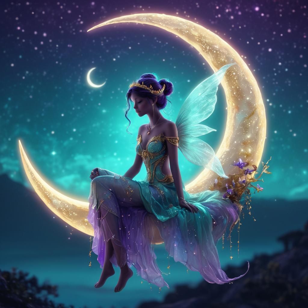Fairy on the Moon in Aqua and Purple Hues