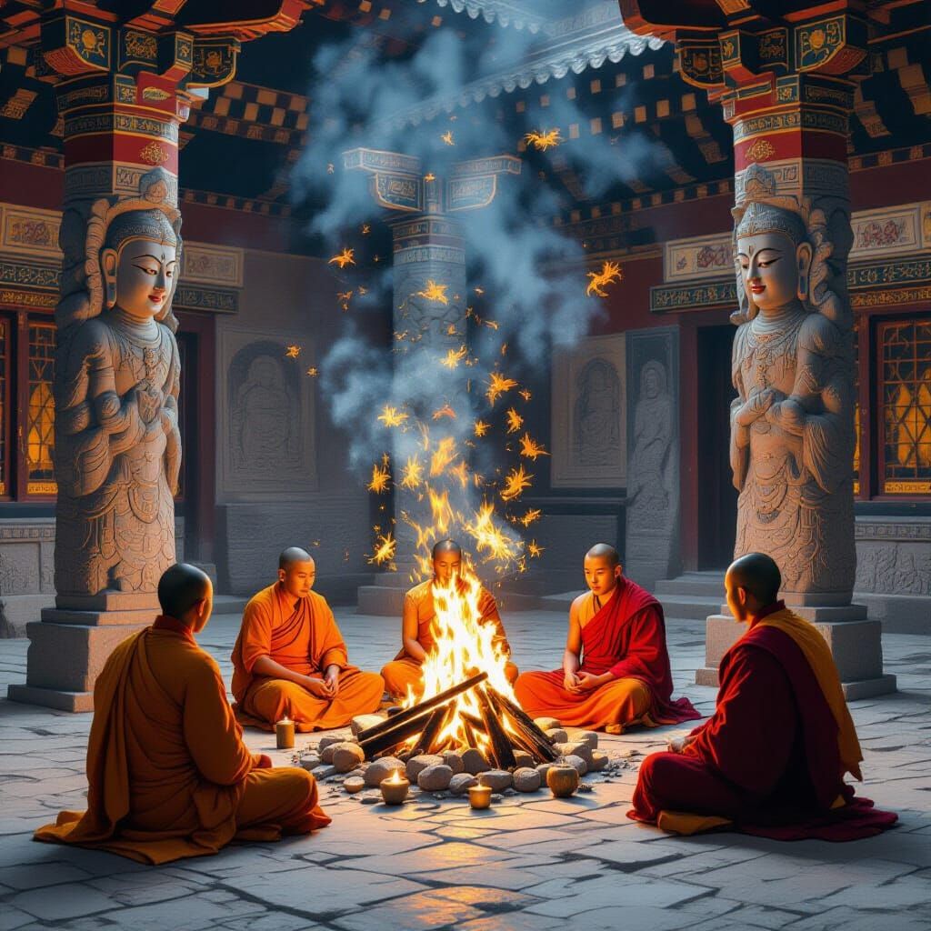 Monks Meditate by Bonfire with Dancing Dragons