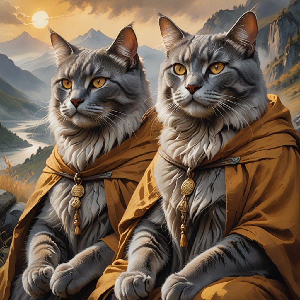 Grey Cats as Shaolin Monks: Oil Painting