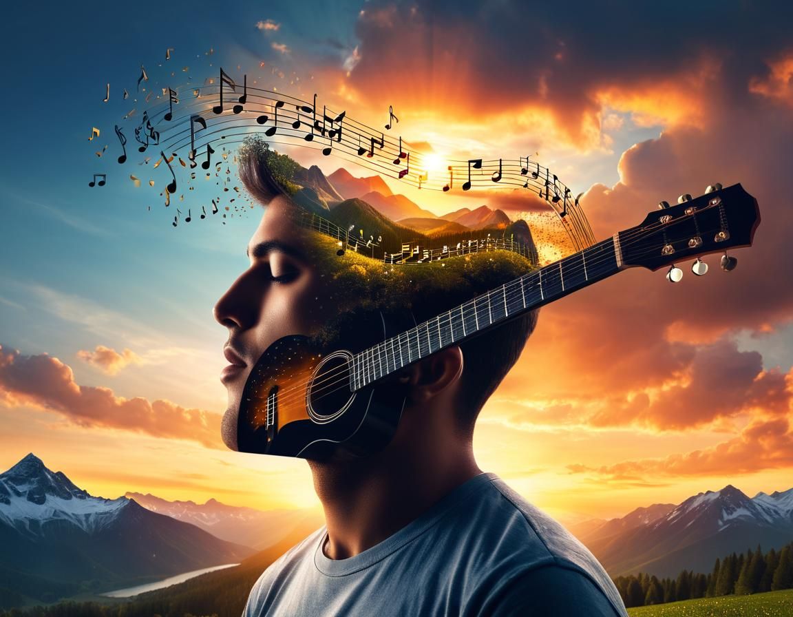 Surreal Double Exposure: Musical Mountain Landscape