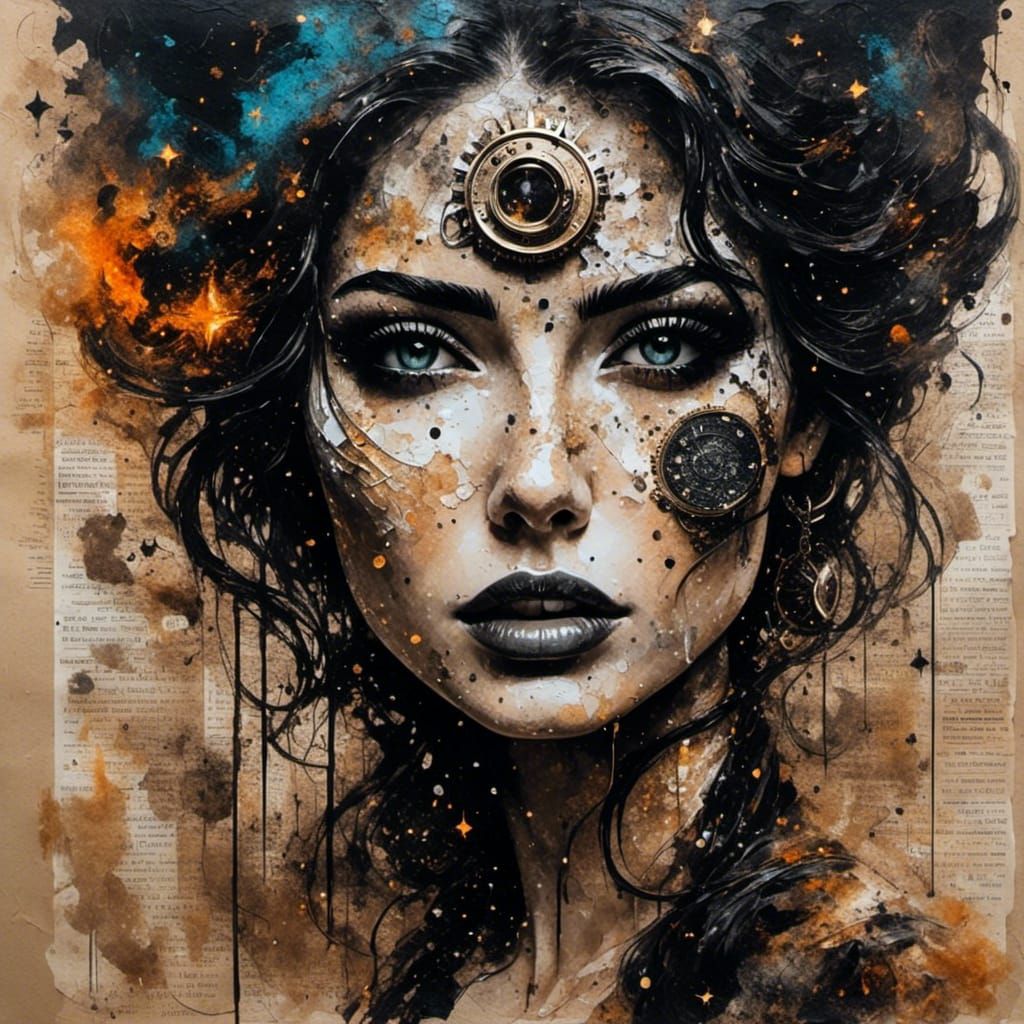 Steampunk Woman Portrait on Burnt Paper with Stars