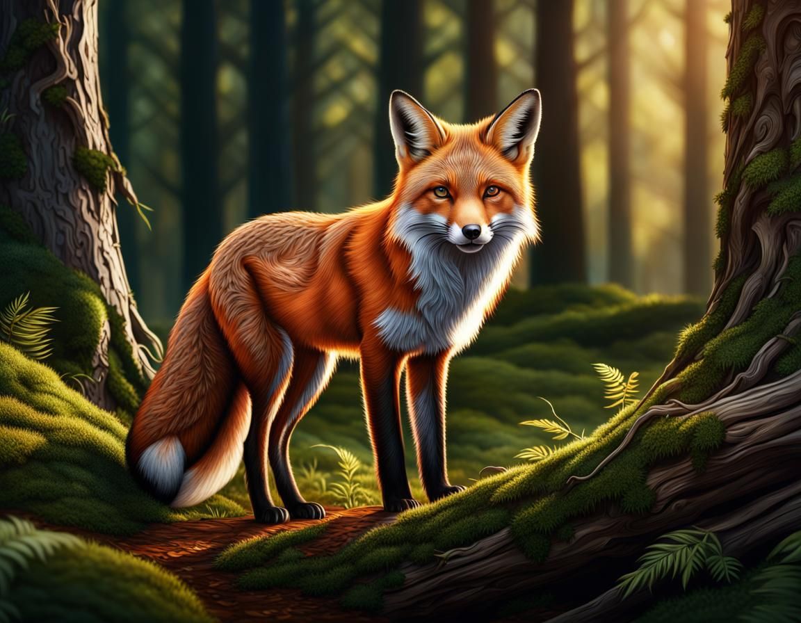 Detailed Red Fox Illustration in Summer Woods