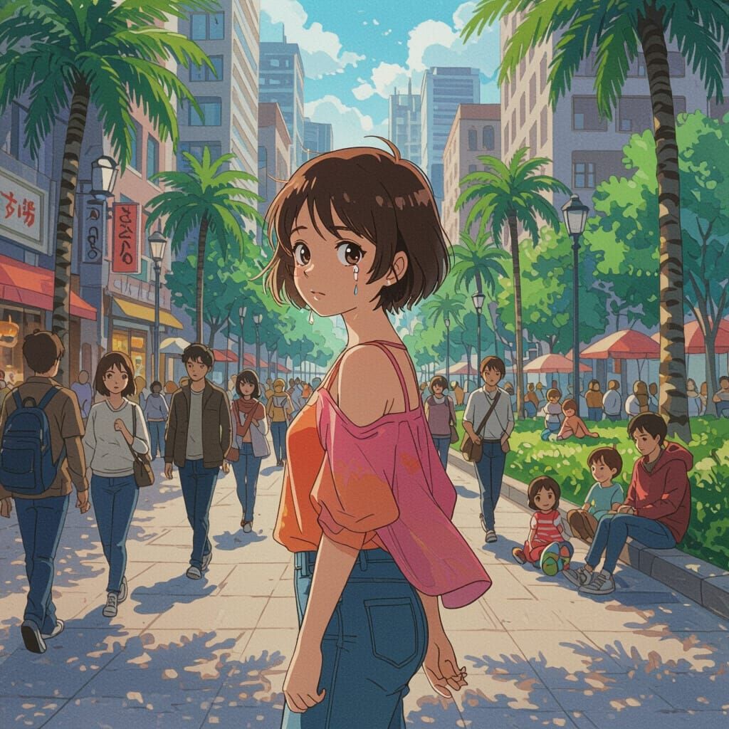 Melancholic Girl in Cityscape, Watercolor Style